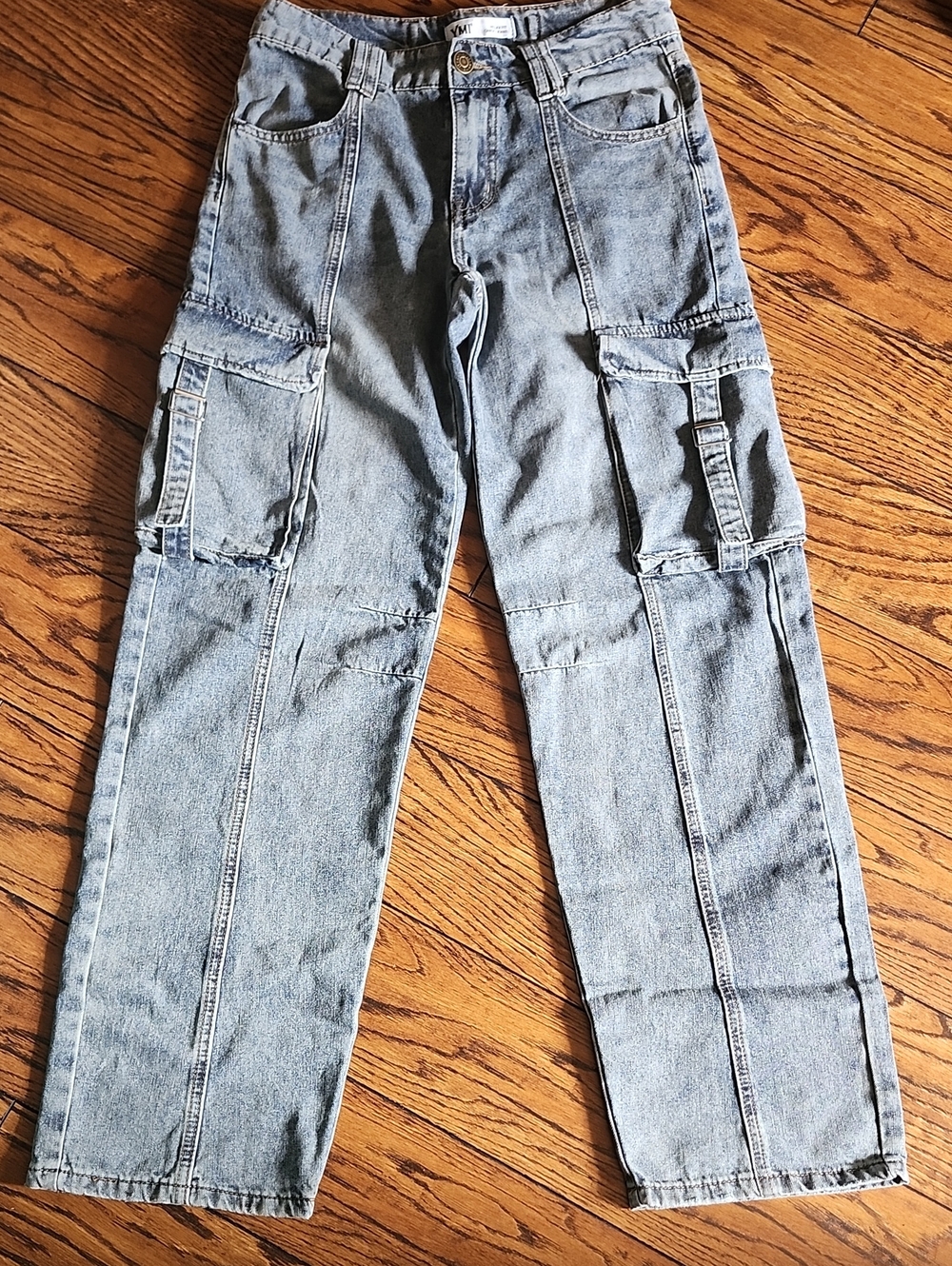 Wide Leg Cargo Jeans Boho Y2K Utility Denim Medium Wash Sz 25